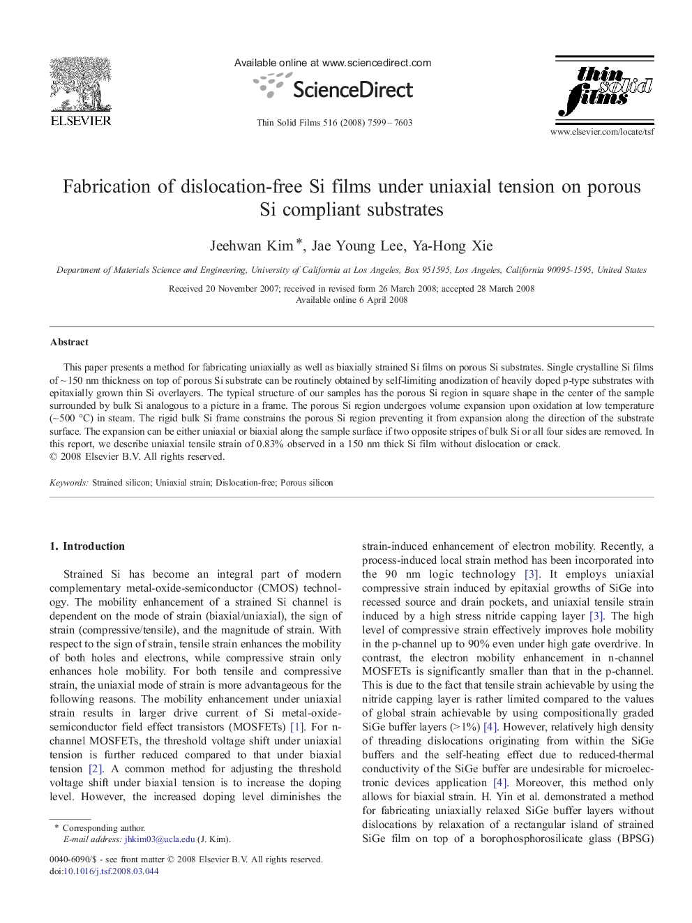 Fabrication of dislocation-free Si films under uniaxial tension on porous Si compliant substrates