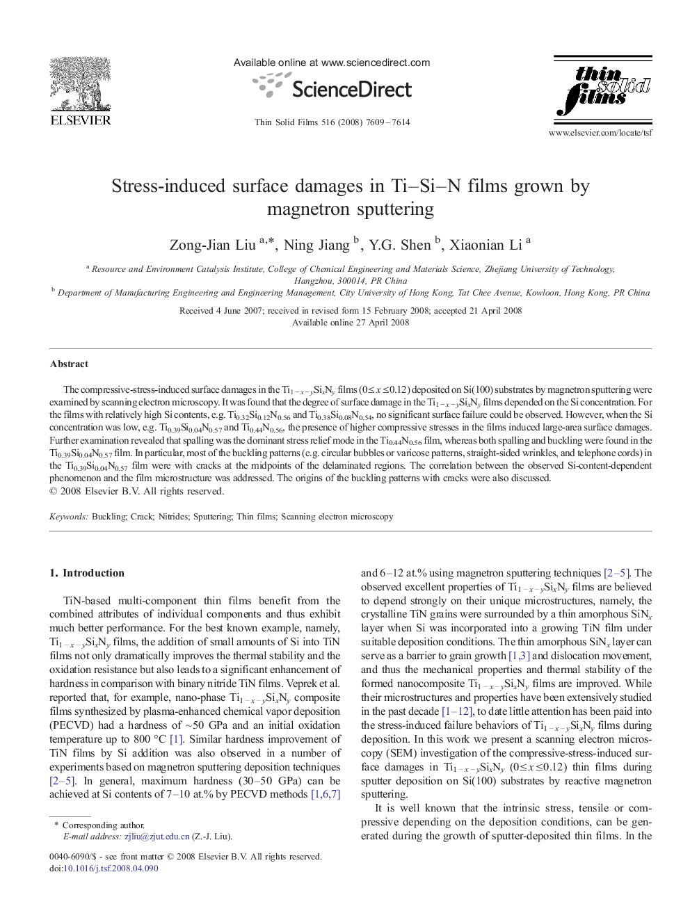 Stress-induced surface damages in Ti–Si–N films grown by magnetron sputtering