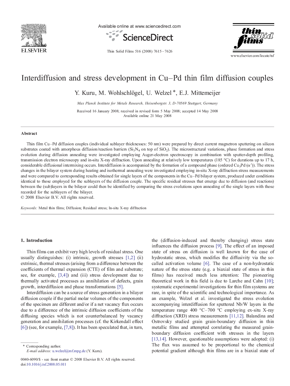 عکس صفحه اول مقاله: Interdiffusion and stress development in Cu-Pd thin film diffusion couples Interdiffusion and stress development in Cu-Pd thin film diffusion couples