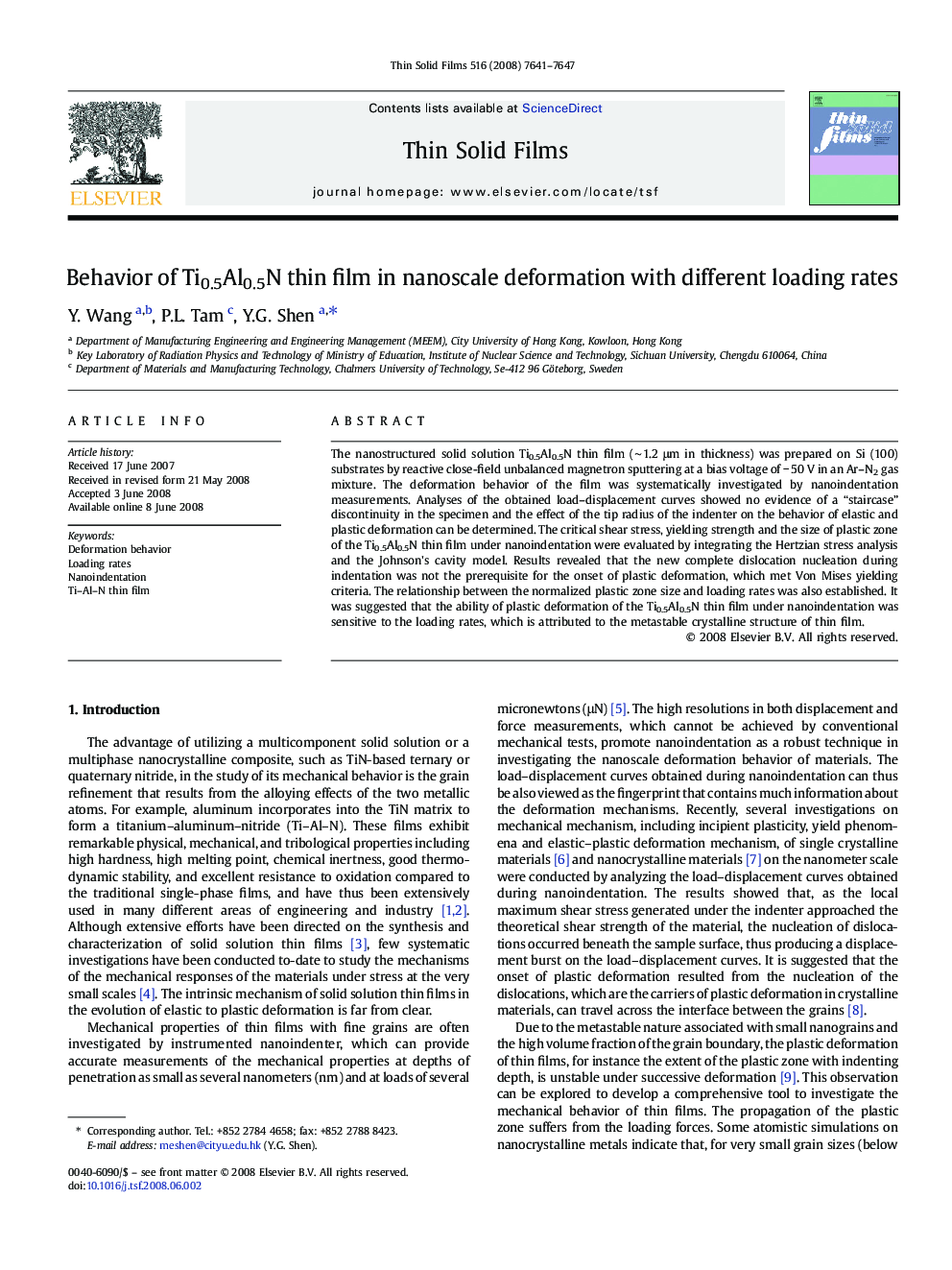 Behavior of Ti0.5Al0.5N thin film in nanoscale deformation with different loading rates