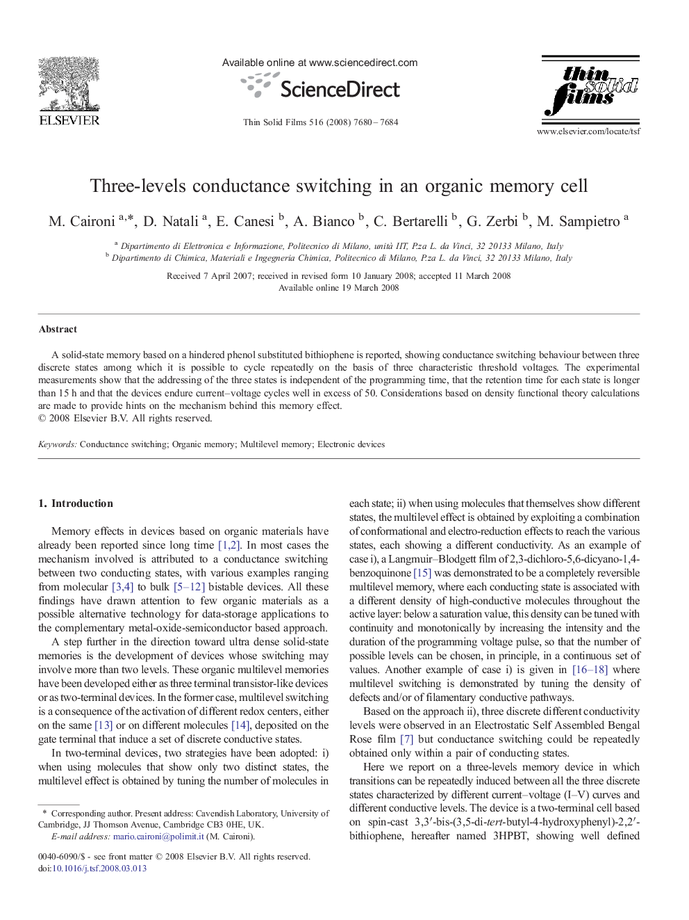 Three-levels conductance switching in an organic memory cell