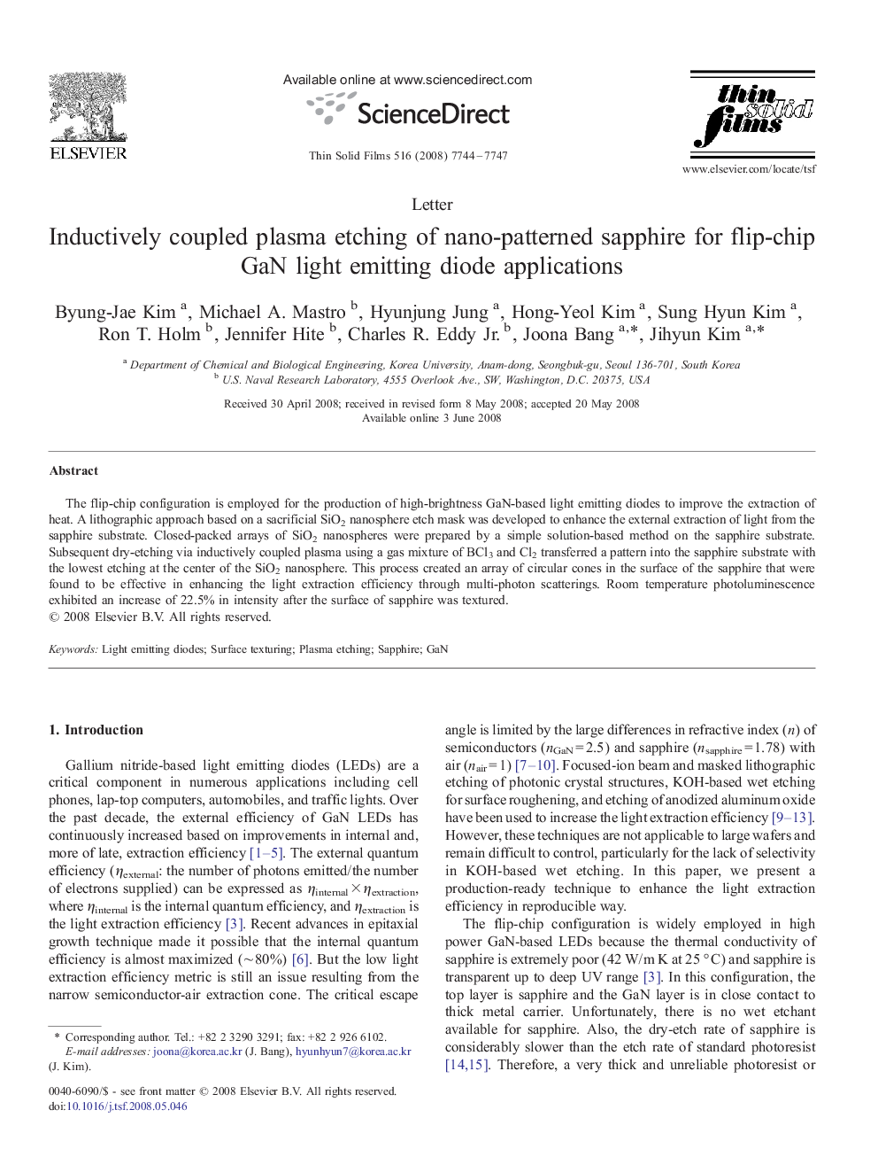 Inductively coupled plasma etching of nano-patterned sapphire for flip-chip GaN light emitting diode applications