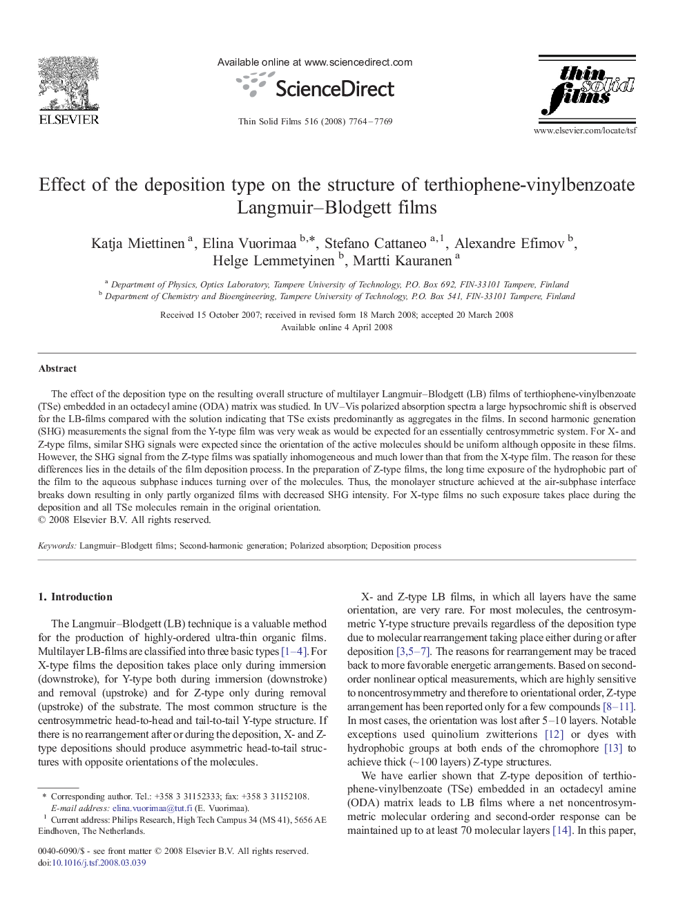 Effect of the deposition type on the structure of terthiophene-vinylbenzoate Langmuir–Blodgett films