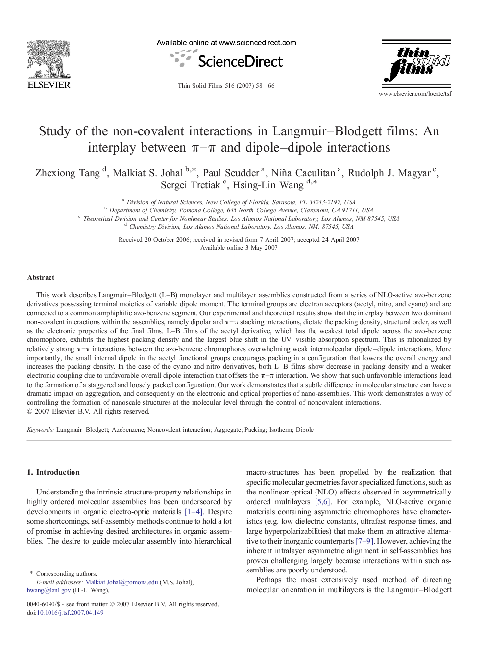 Study of the non-covalent interactions in Langmuir–Blodgett films: An interplay between π−π and dipole–dipole interactions