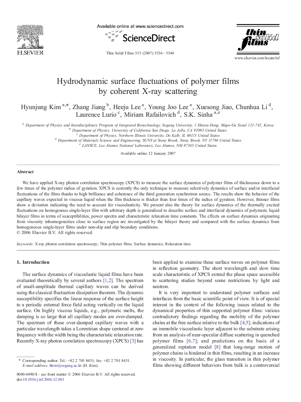 Hydrodynamic surface fluctuations of polymer films by coherent X-ray scattering