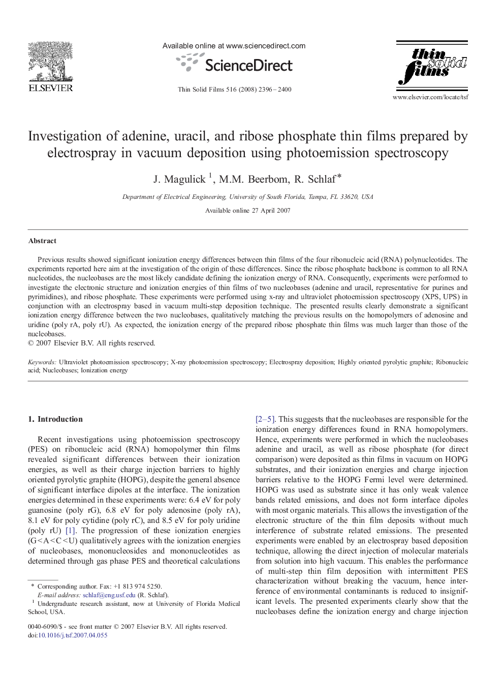 Investigation of adenine, uracil, and ribose phosphate thin films prepared by electrospray in vacuum deposition using photoemission spectroscopy