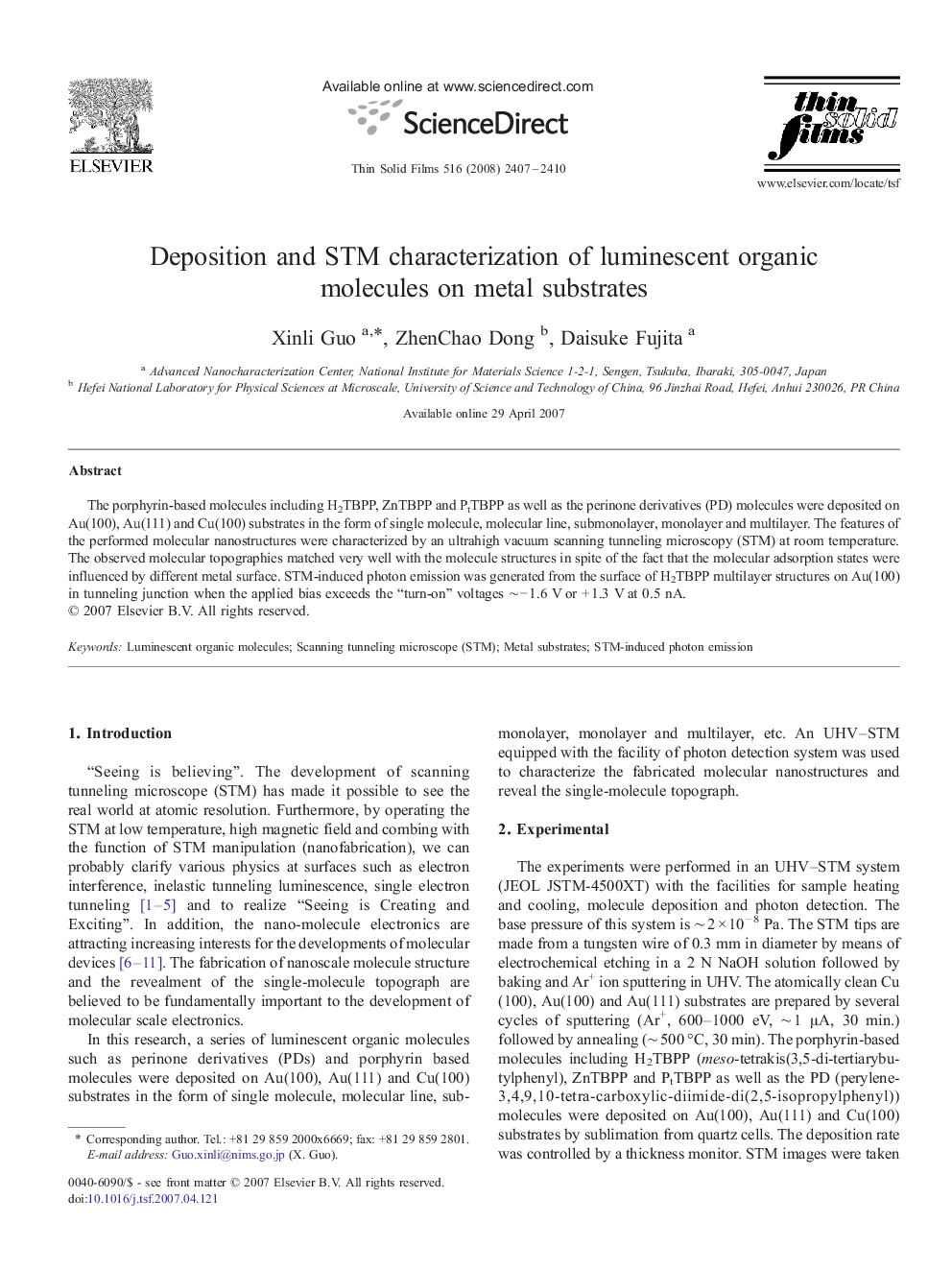 Deposition and STM characterization of luminescent organic molecules on metal substrates