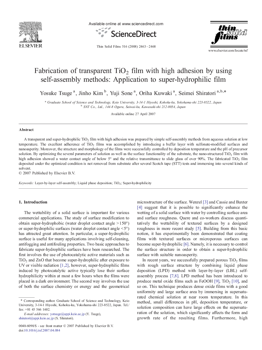 Fabrication of transparent TiO2 film with high adhesion by using self-assembly methods: Application to super-hydrophilic film