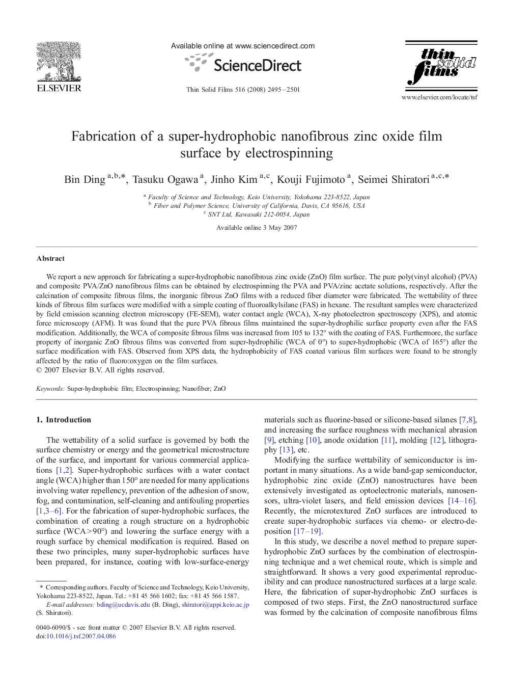 Fabrication of a super-hydrophobic nanofibrous zinc oxide film surface by electrospinning