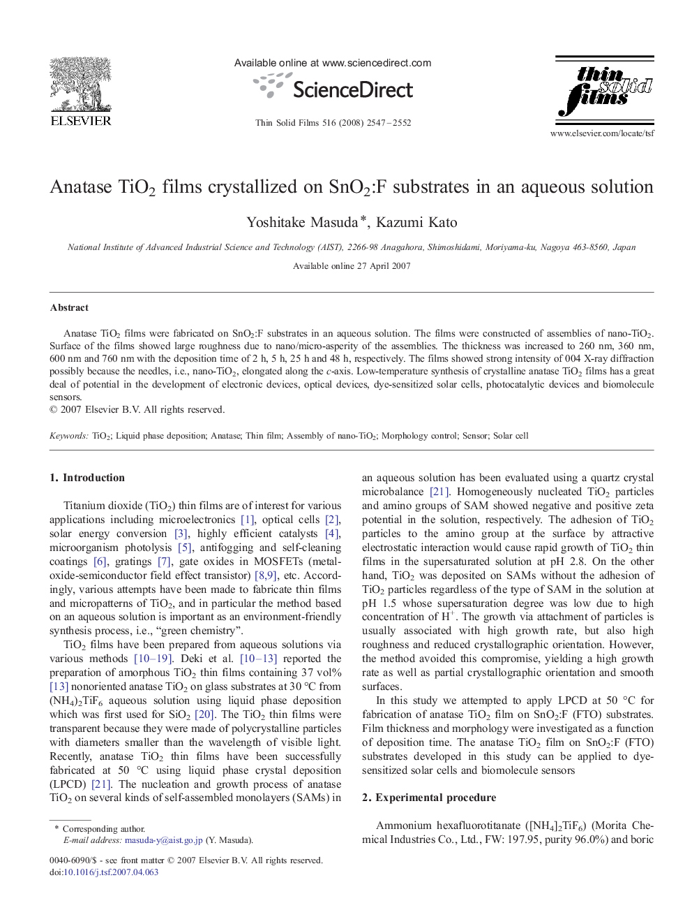 Anatase TiO2 films crystallized on SnO2:F substrates in an aqueous solution