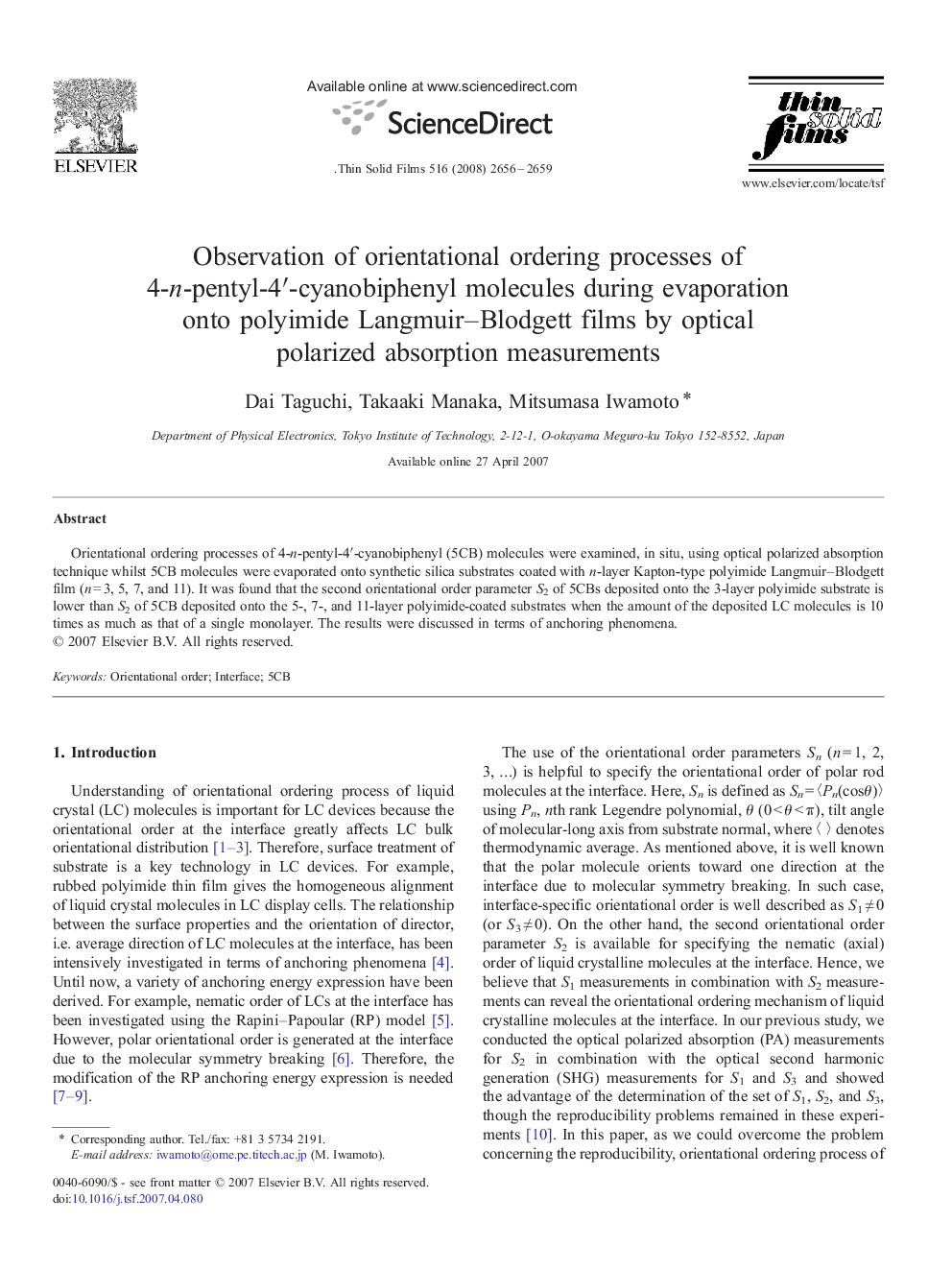 Observation of orientational ordering processes of 4-n-pentyl-4′-cyanobiphenyl molecules during evaporation onto polyimide Langmuir–Blodgett films by optical polarized absorption measurements