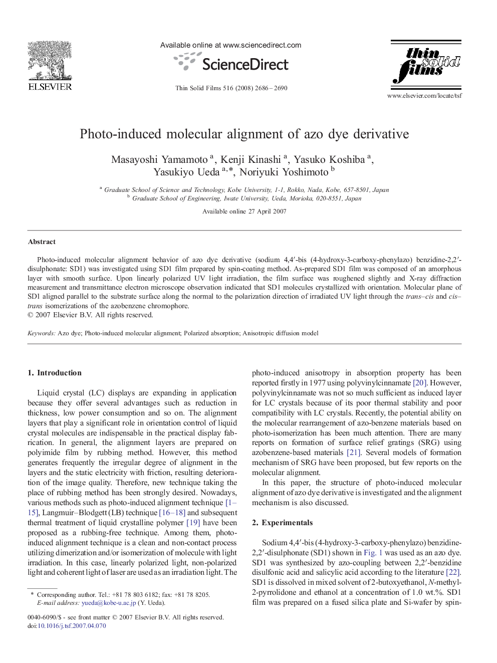 Photo-induced molecular alignment of azo dye derivative