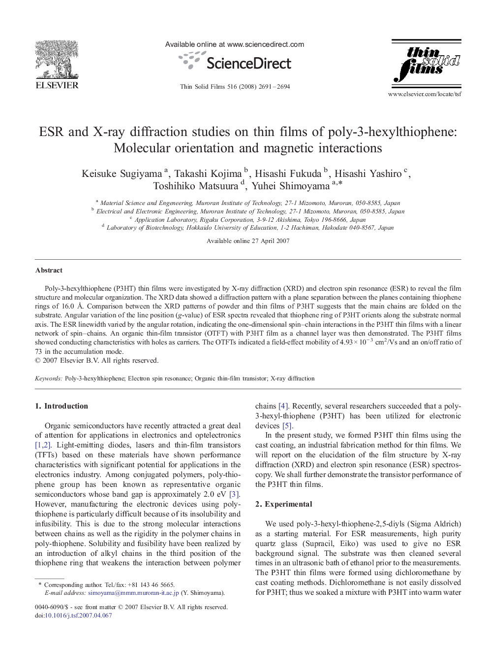 ESR and X-ray diffraction studies on thin films of poly-3-hexylthiophene: Molecular orientation and magnetic interactions