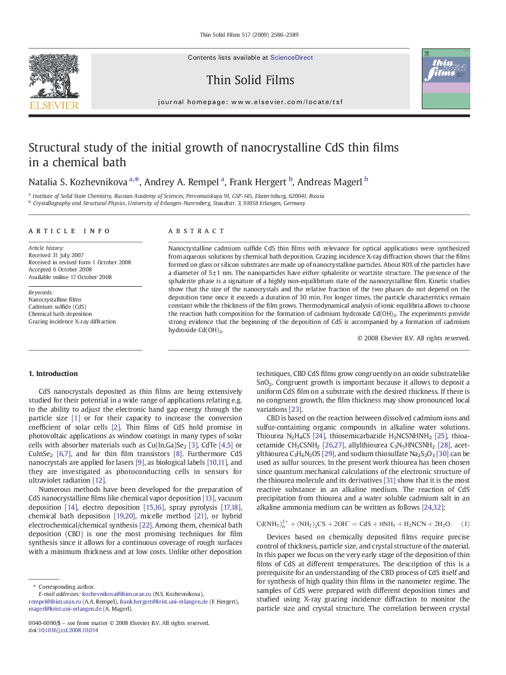 Structural study of the initial growth of nanocrystalline CdS thin films in a chemical bath