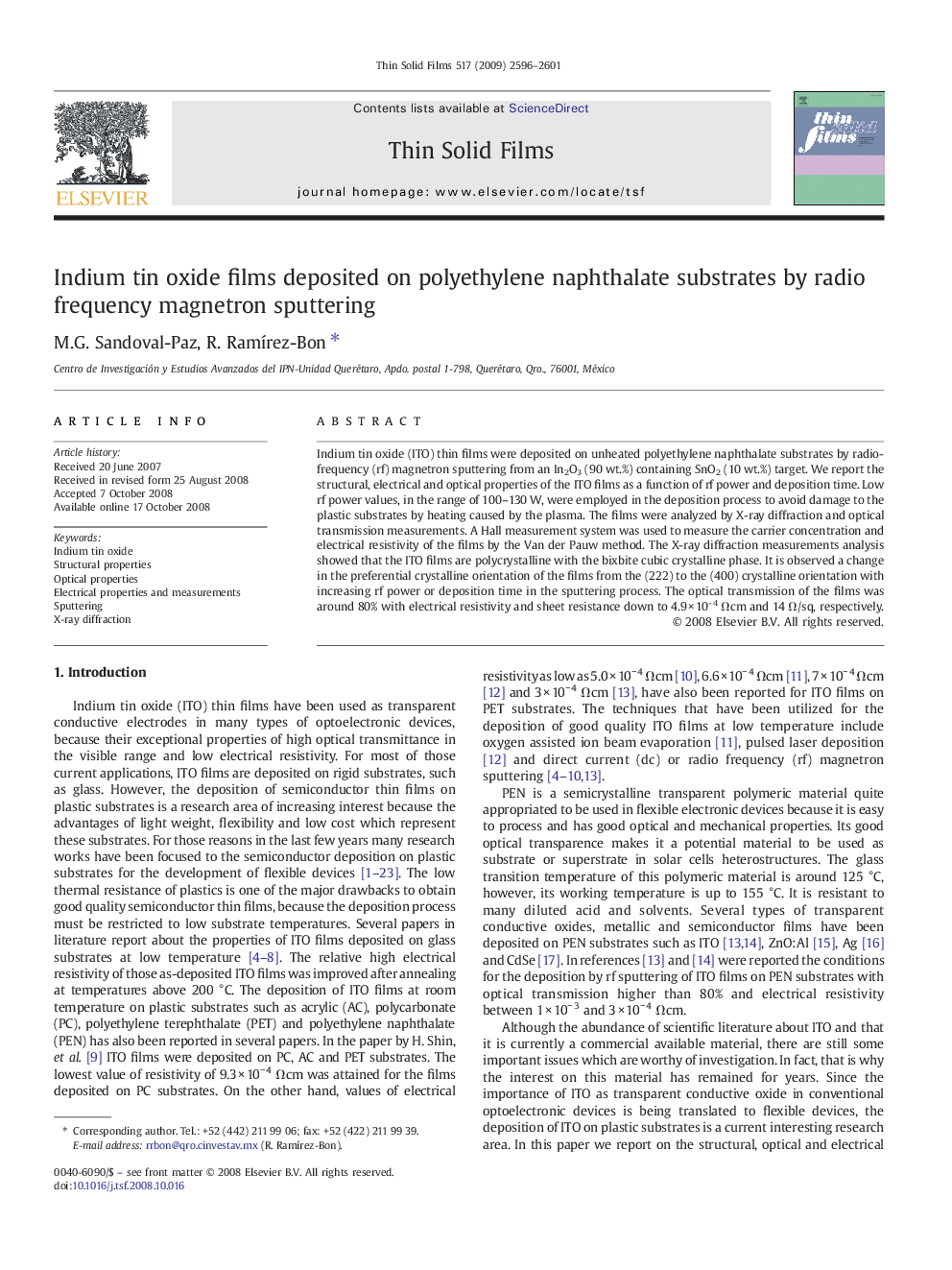 Indium tin oxide films deposited on polyethylene naphthalate substrates by radio frequency magnetron sputtering