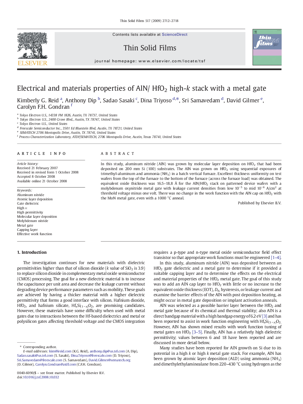 Electrical and materials properties of AlN/ HfO2 high-k stack with a metal gate