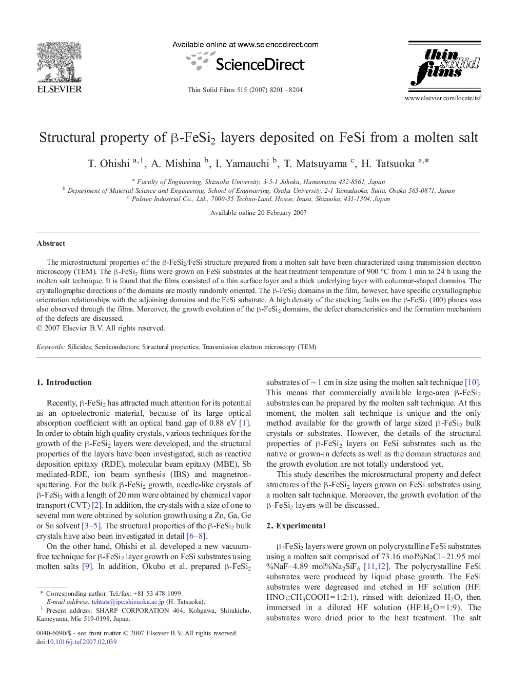 Structural property of Î²-FeSi2 layers deposited on FeSi from a molten salt