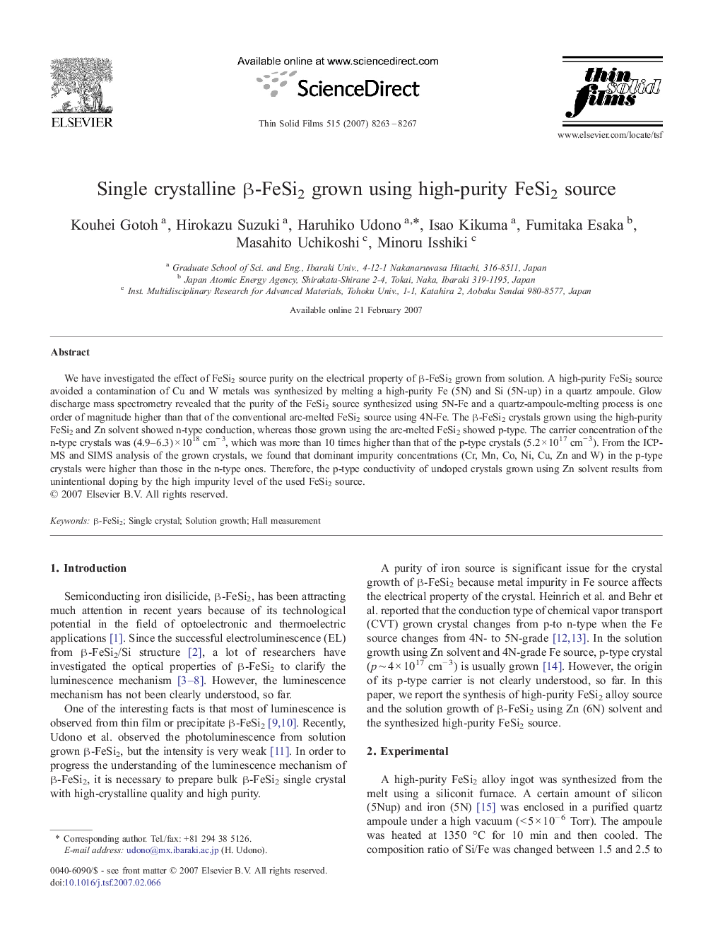 Single crystalline β-FeSi2 grown using high-purity FeSi2 source