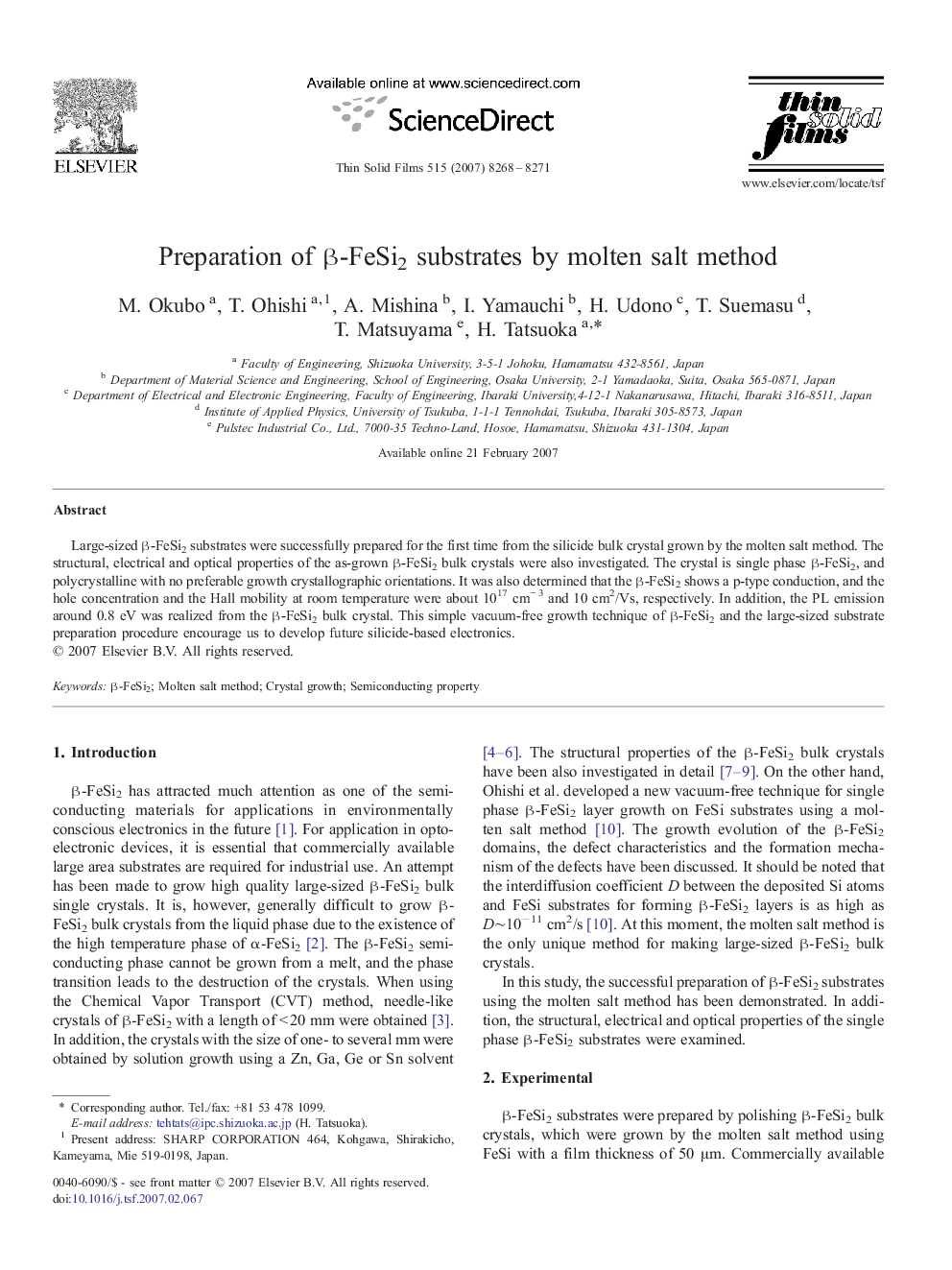 Preparation of Î²-FeSi2 substrates by molten salt method