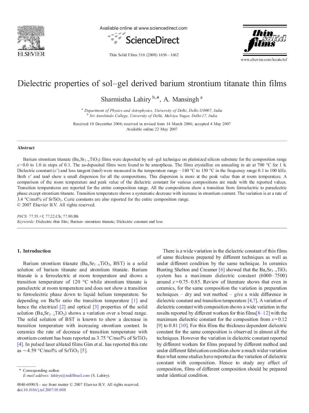 Dielectric properties of sol–gel derived barium strontium titanate thin films