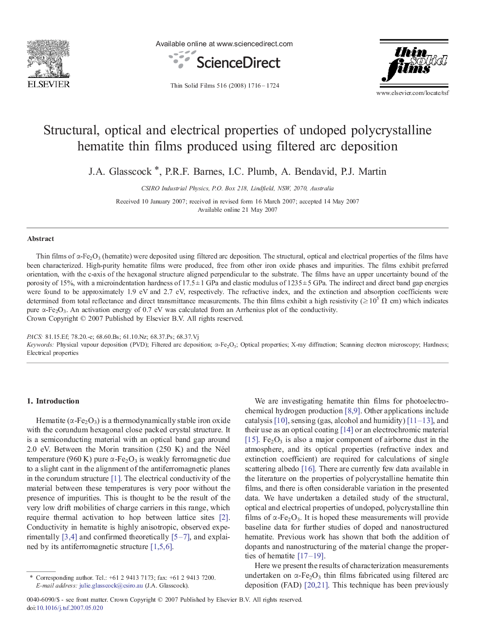 Structural, optical and electrical properties of undoped polycrystalline hematite thin films produced using filtered arc deposition