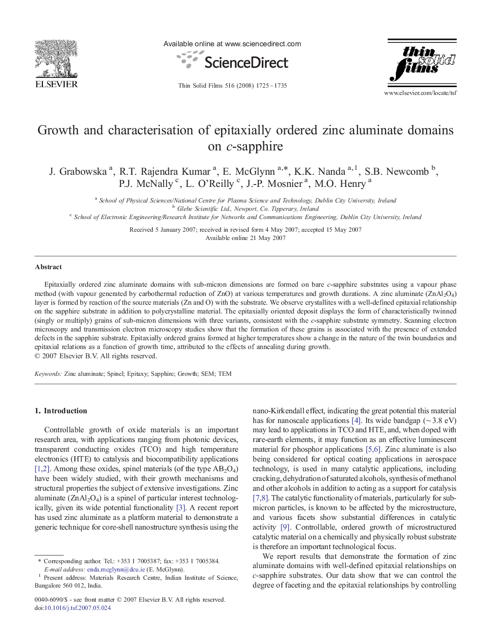 Growth and characterisation of epitaxially ordered zinc aluminate domains on c-sapphire