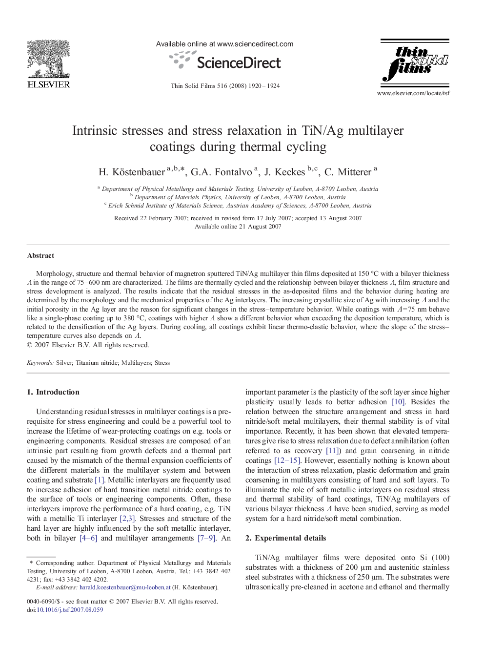 Intrinsic stresses and stress relaxation in TiN/Ag multilayer coatings during thermal cycling