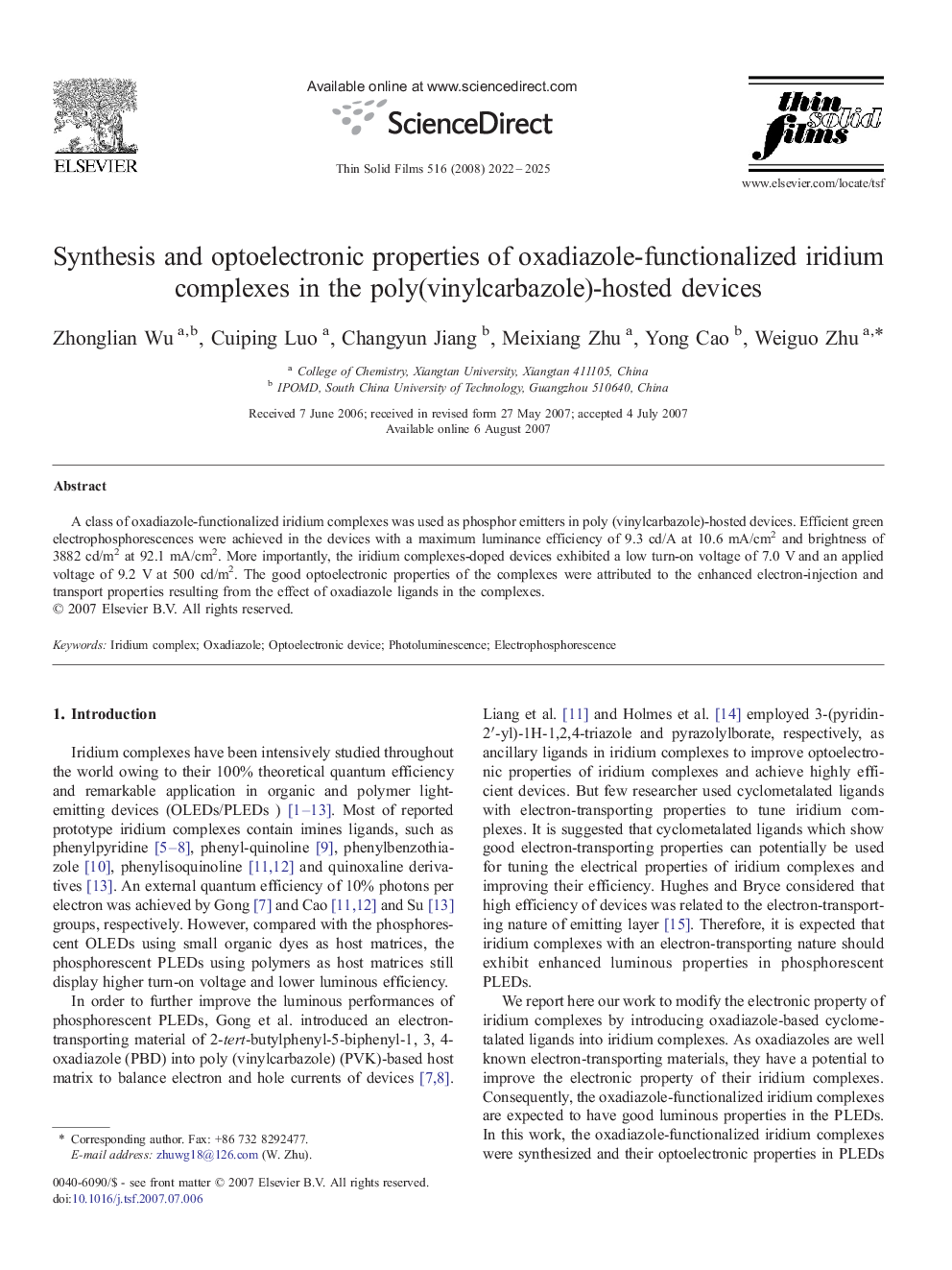 Synthesis and optoelectronic properties of oxadiazole-functionalized iridium complexes in the poly(vinylcarbazole)-hosted devices