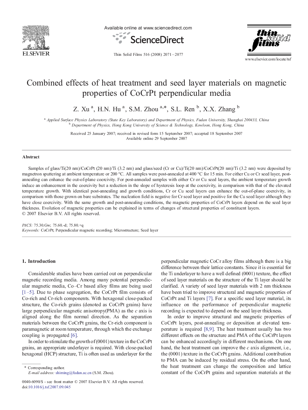 Combined effects of heat treatment and seed layer materials on magnetic properties of CoCrPt perpendicular media