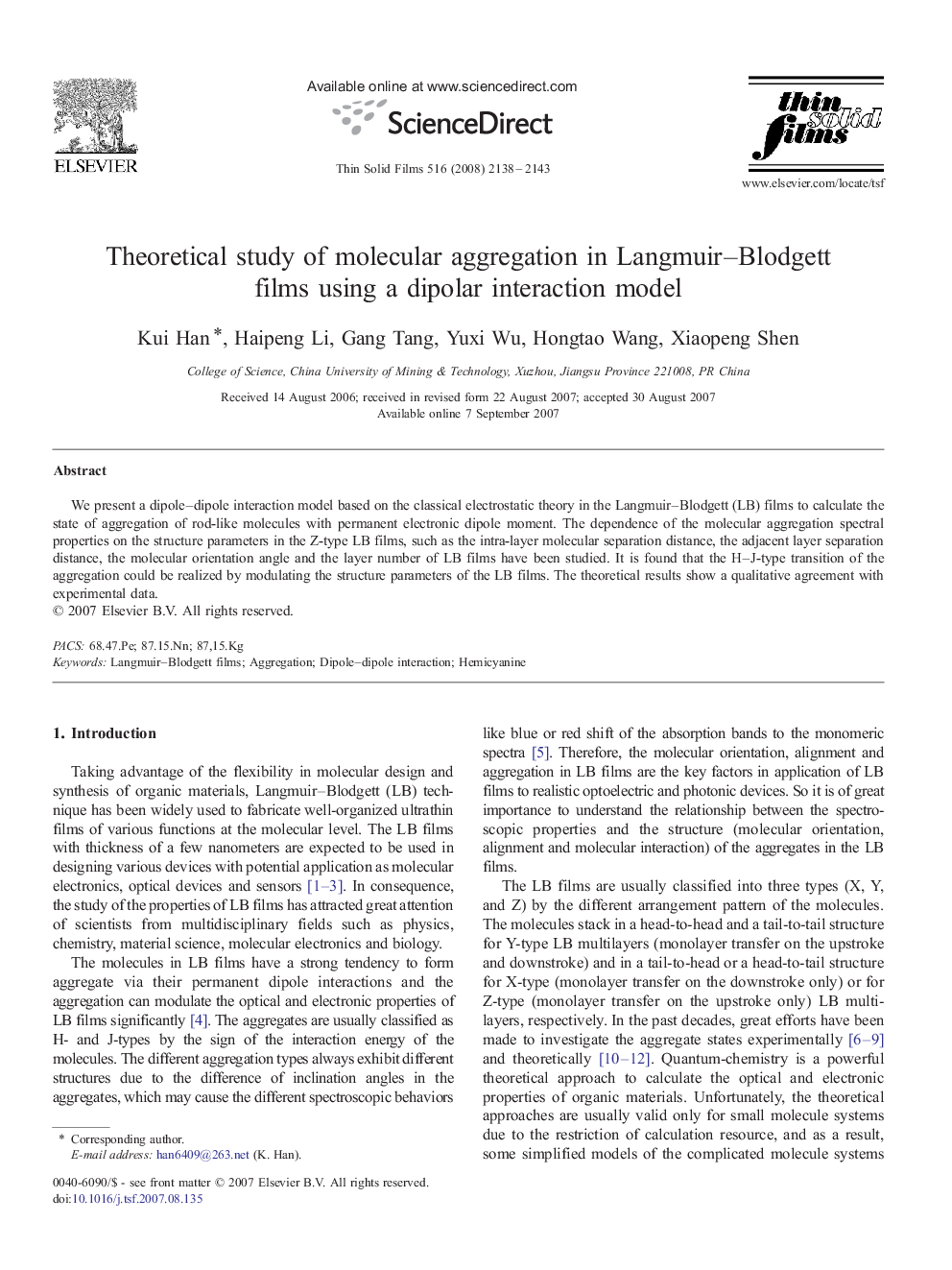 Theoretical study of molecular aggregation in Langmuir–Blodgett films using a dipolar interaction model