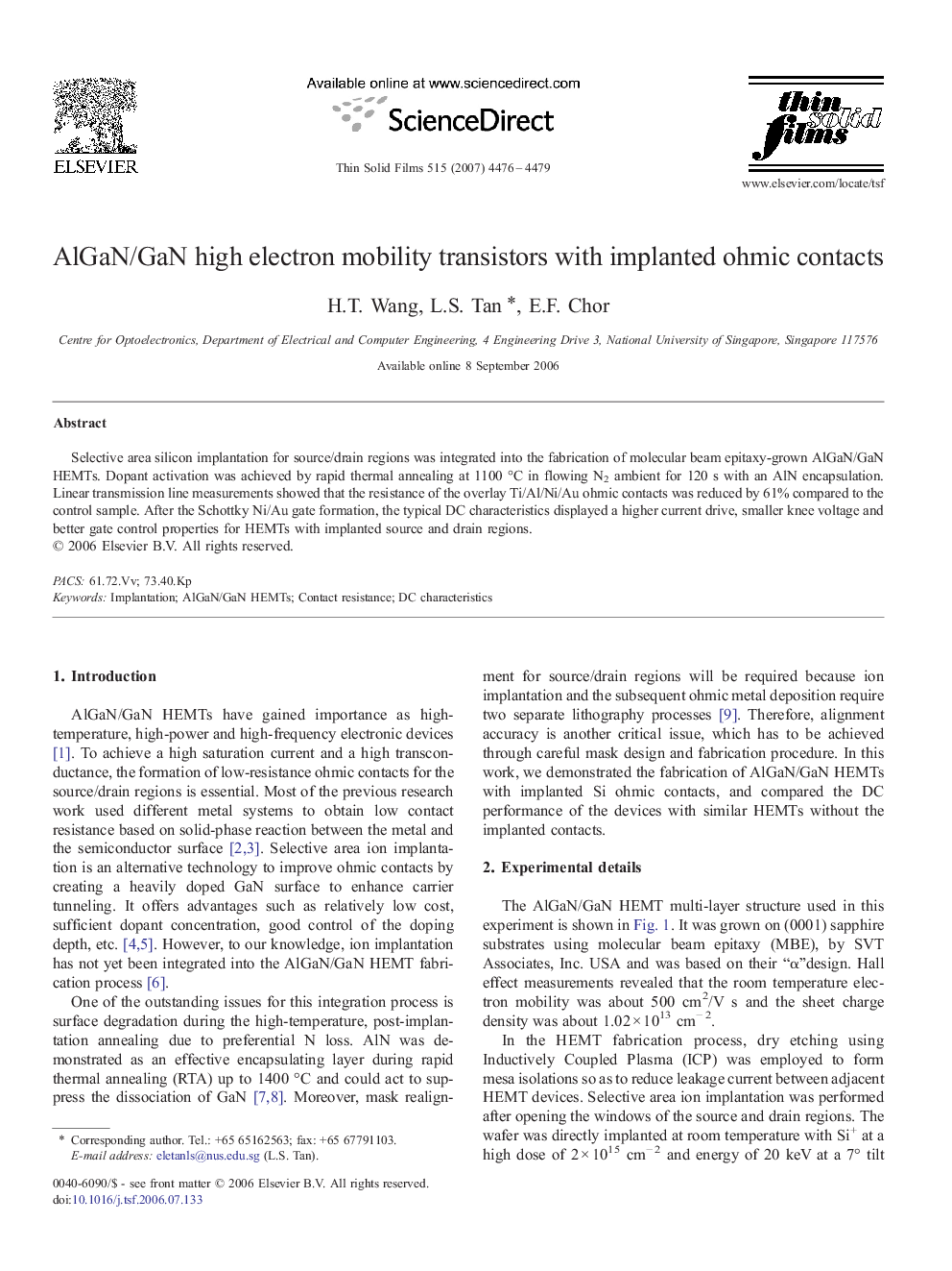 AlGaN/GaN high electron mobility transistors with implanted ohmic contacts