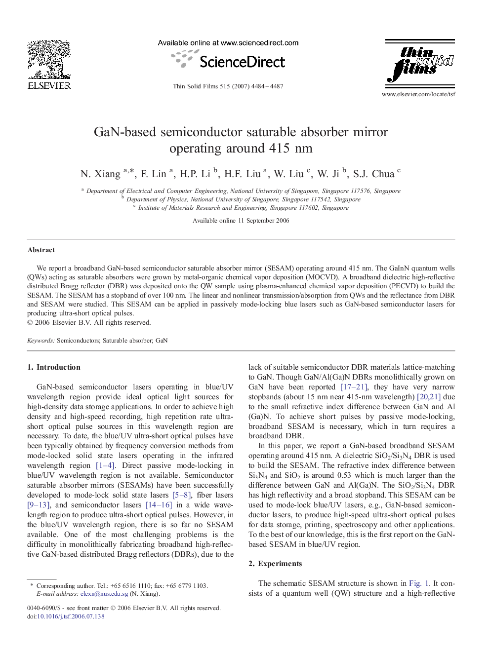 GaN-based semiconductor saturable absorber mirror operating around 415Â nm