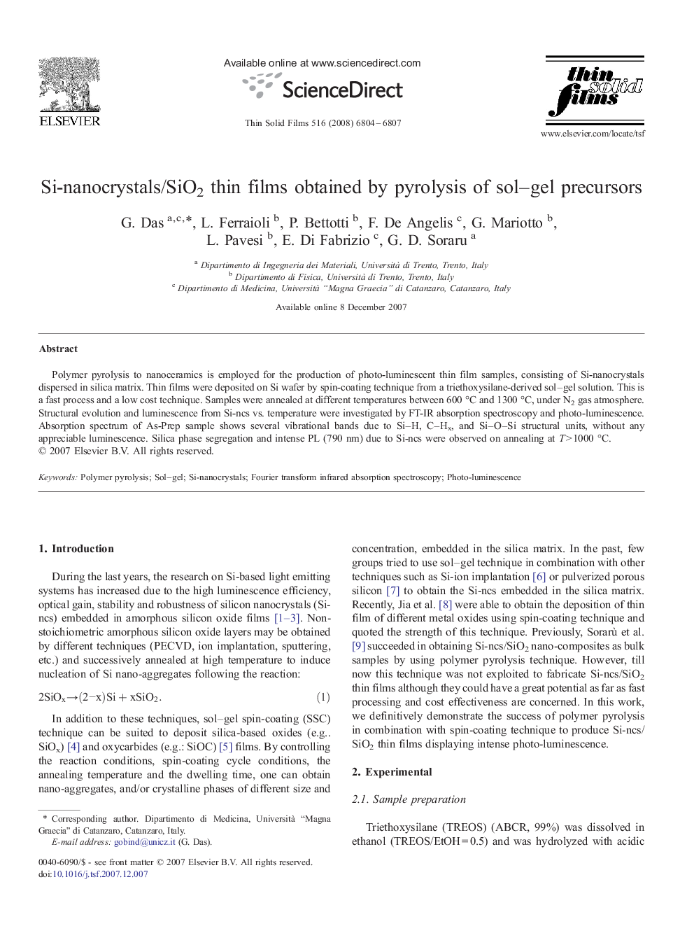 Si-nanocrystals/SiO2 thin films obtained by pyrolysis of sol–gel precursors