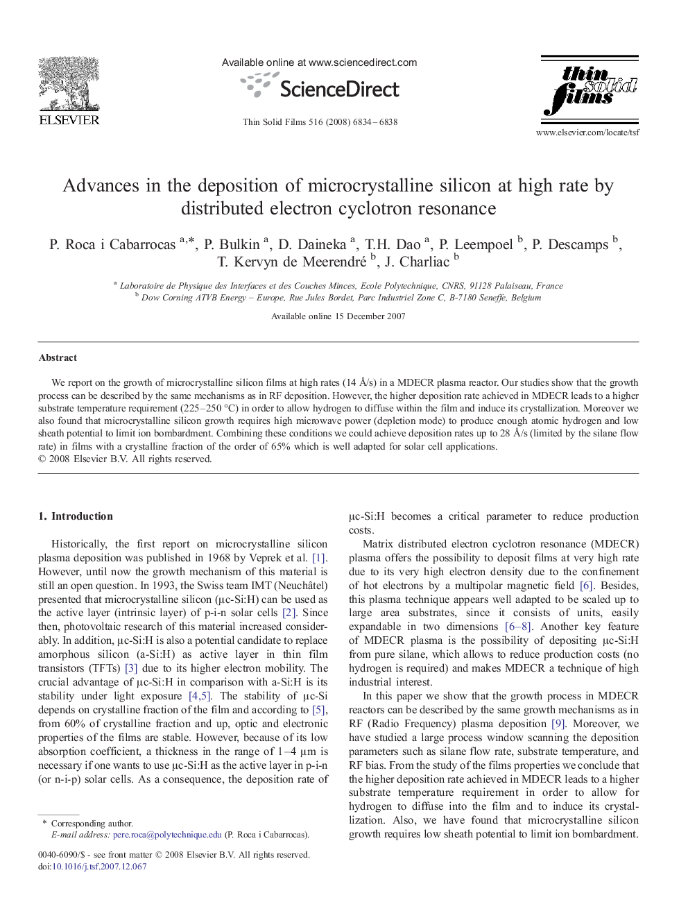عکس صفحه اول مقاله: Advances in the deposition of microcrystalline silicon at high rate by distributed electron cyclotron resonance Advances in the deposition of microcrystalline silicon at high rate by distributed electron cyclotron resonance