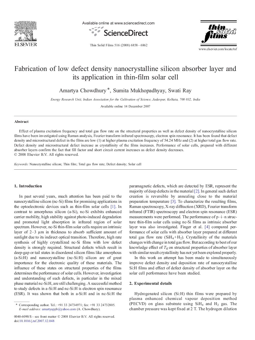 Fabrication of low defect density nanocrystalline silicon absorber layer and its application in thin-film solar cell