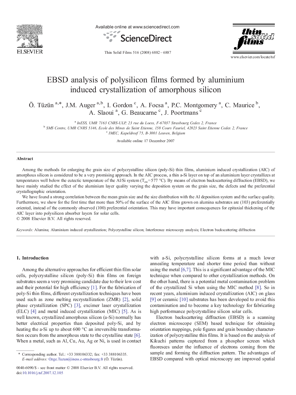عکس صفحه اول مقاله: EBSD analysis of polysilicon films formed by aluminium induced crystallization of amorphous silicon EBSD analysis of polysilicon films formed by aluminium induced crystallization of amorphous silicon