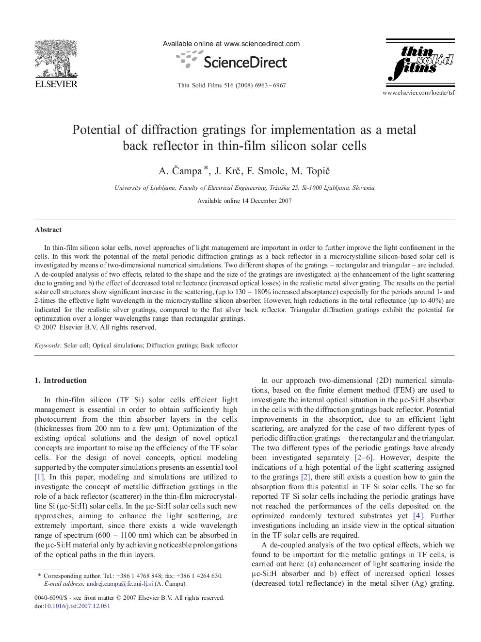 Potential of diffraction gratings for implementation as a metal back reflector in thin-film silicon solar cells