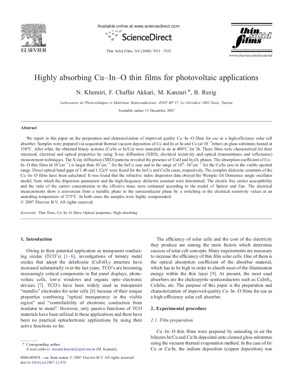 عکس صفحه اول مقاله: Highly absorbing Cu–In–O thin films for photovoltaic applications Highly absorbing Cu–In–O thin films for photovoltaic applications