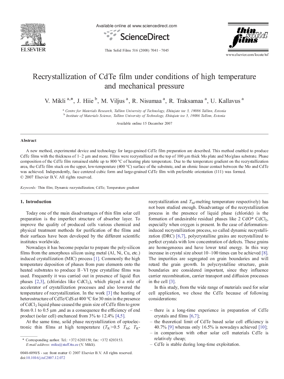 Recrystallization of CdTe film under conditions of high temperature and mechanical pressure