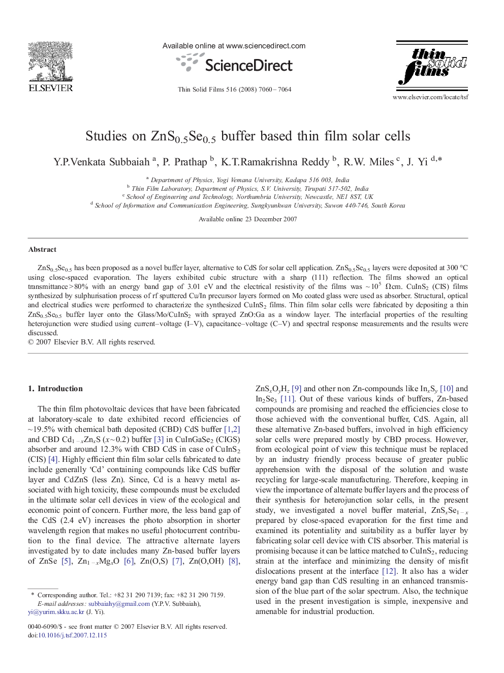 Studies on ZnS0.5Se0.5 buffer based thin film solar cells