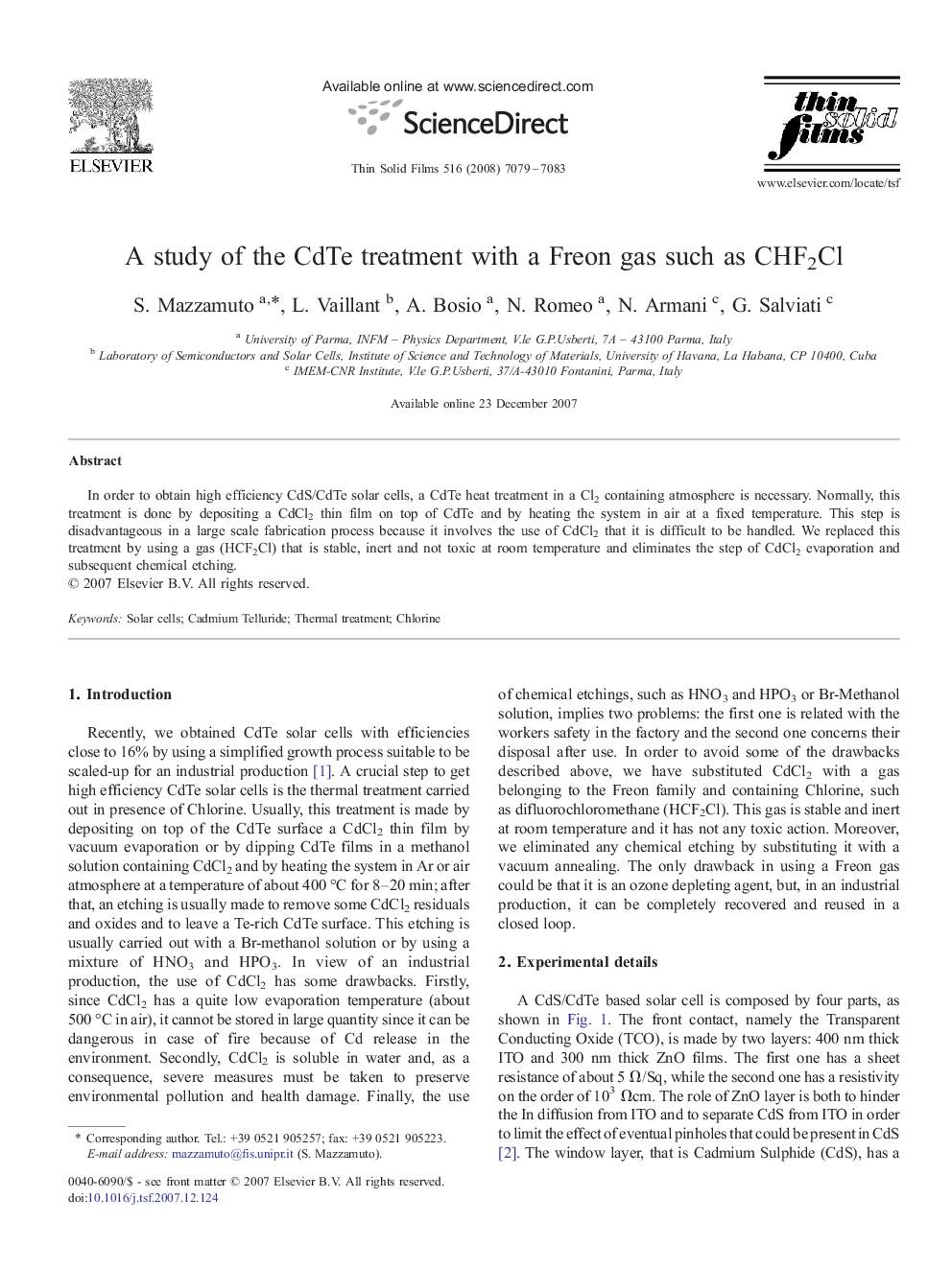 A study of the CdTe treatment with a Freon gas such as CHF2Cl