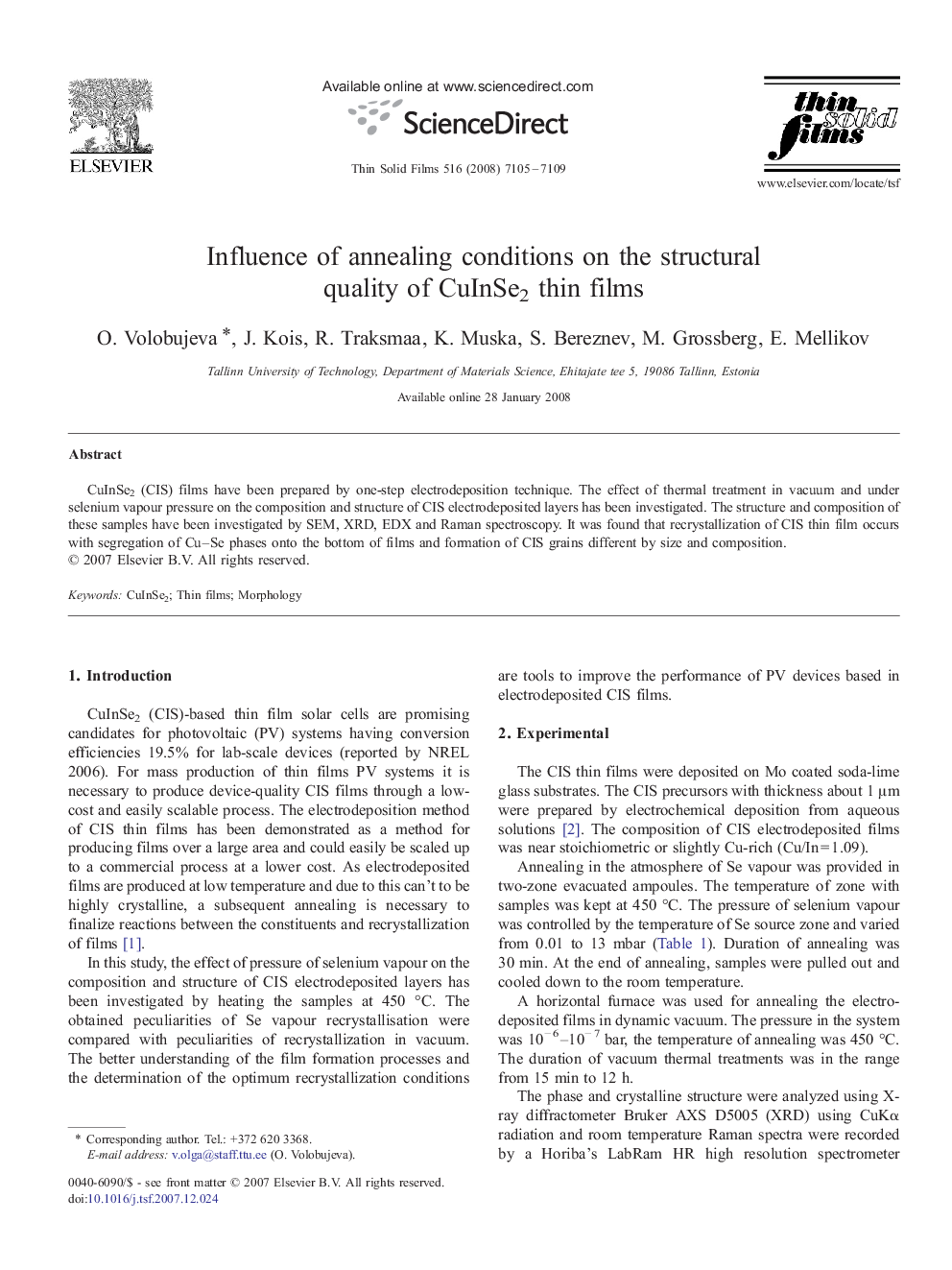 عکس صفحه اول مقاله: Influence of annealing conditions on the structural quality of CuInSe2 thin films Influence of annealing conditions on the structural quality of CuInSe2 thin films