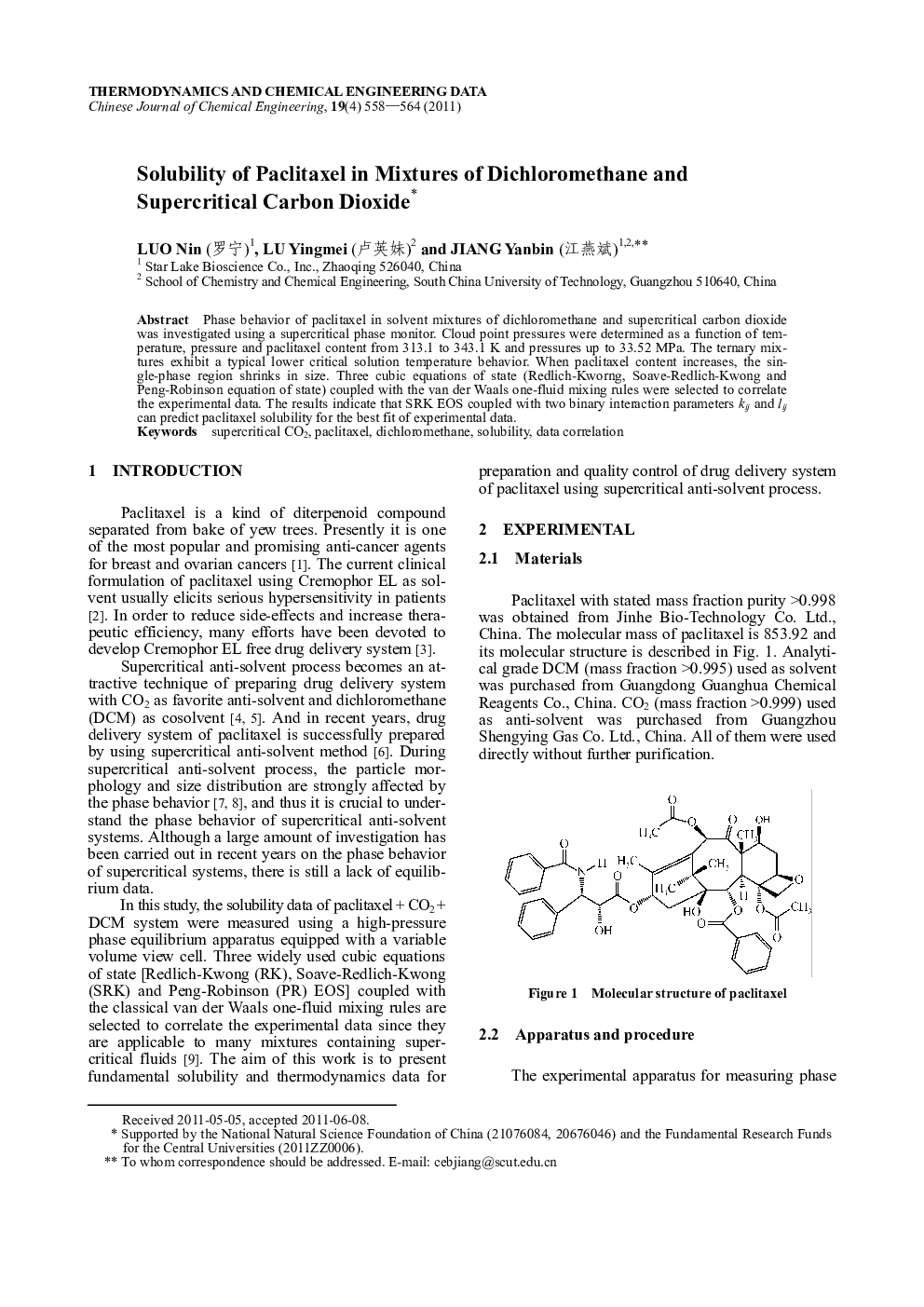 Solubility of Paclitaxel in Mixtures of Dichloromethane and Supercritical Carbon Dioxide 