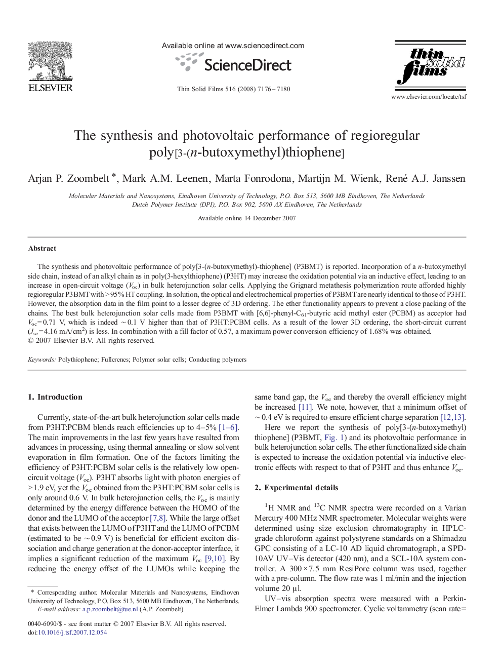 The synthesis and photovoltaic performance of regioregular poly[3-(n-butoxymethyl)thiophene]