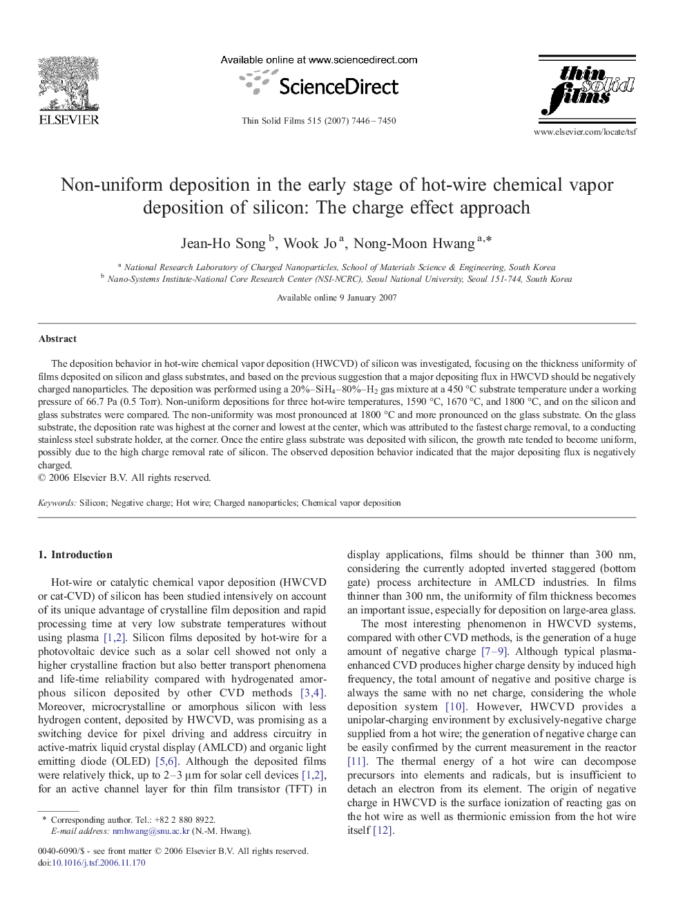 Non-uniform deposition in the early stage of hot-wire chemical vapor deposition of silicon: The charge effect approach