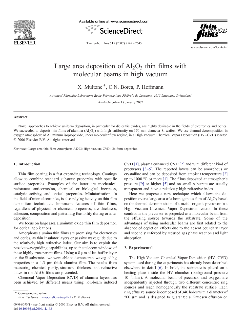 Large area deposition of Al2O3 thin films with molecular beams in high vacuum