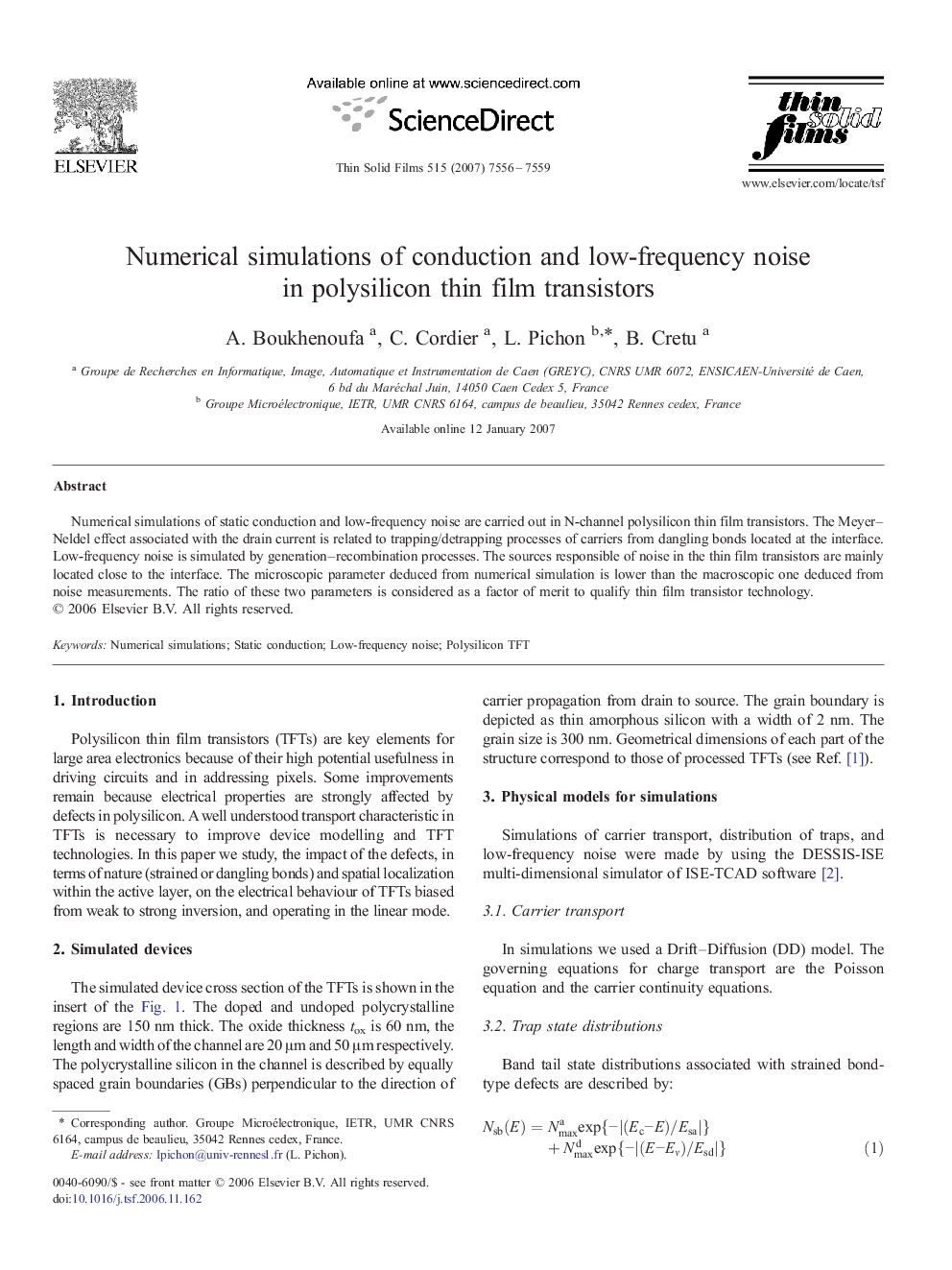 عکس صفحه اول مقاله: Numerical simulations of conduction and low-frequency noise in polysilicon thin film transistors Numerical simulations of conduction and low-frequency noise in polysilicon thin film transistors