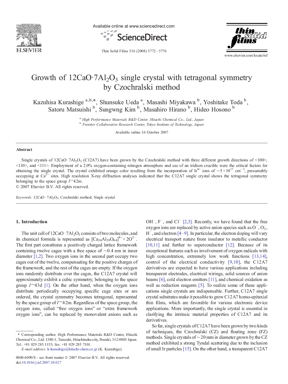 Growth of 12CaO·7Al2O3 single crystal with tetragonal symmetry by Czochralski method