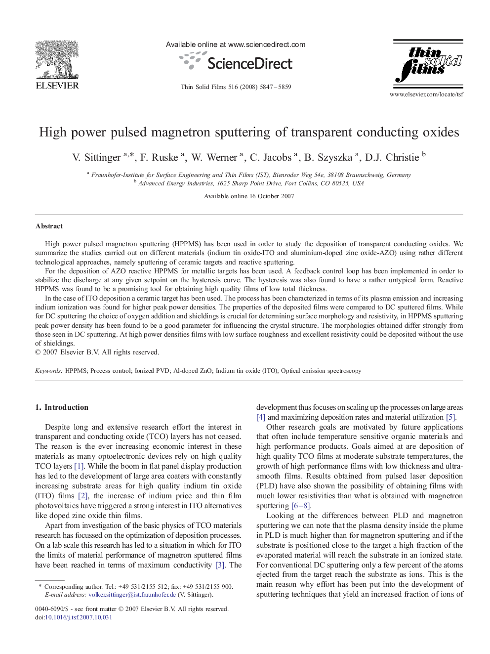 High power pulsed magnetron sputtering of transparent conducting oxides