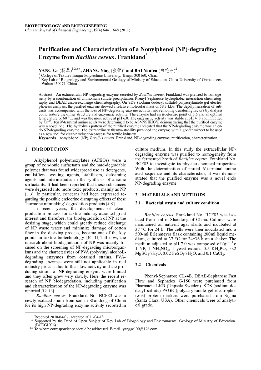 Purification and Characterization of a Nonylphenol (NP)-degrading Enzyme from Bacillus cereus. Frankland 